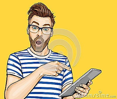 Red lips saying Wow.Vector Pop Art illustration of Open mouth and WOW MessageAmazed man in glasses with open mouth showing somethi Stock Photo