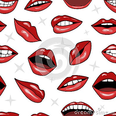 Red lips, smile and mouth with teeth in tattoo style Vector Illustration