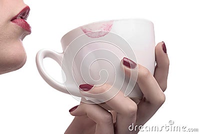 Red lips and white cup Stock Photo