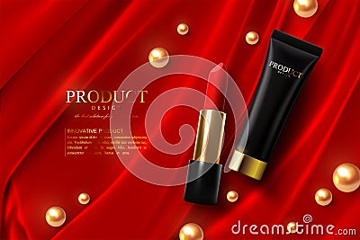 Red lipstick and black cream tube on fabric background with pearls Vector Illustration