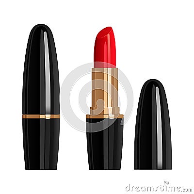 Red lipstick in a black tube with gold trim, open and closed Vector Illustration