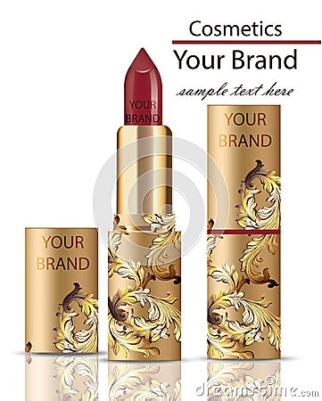 Red Lipstick cosmetics realistic Mock up Vector. Matt lipgloss with ornament decor, golden packaging original design. Gold colors Stock Photo