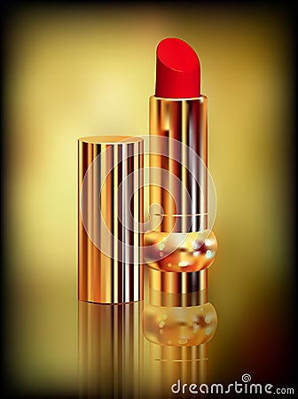 Red lipstick in gold tube. Created with gradient meshes. Vector Illustration