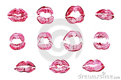 Red lipstick kiss print set on white background isolated closeup, sexy burgundy lips make up stamp collection, kiss imprint Stock Photo