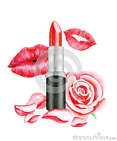 Red lipstick, Kiss, Rose and Petals. lips. Watercolor illustration Stock Photo