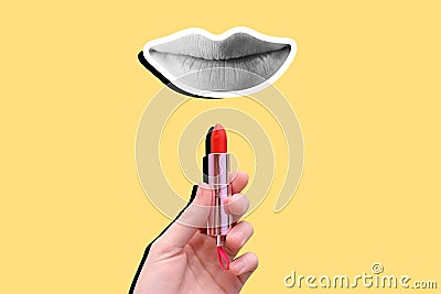 Red lipstick and lips on a yellow background. Contemporary art, collage. Woman`s hands hold lipstick. Women`s cosmetics Stock Photo