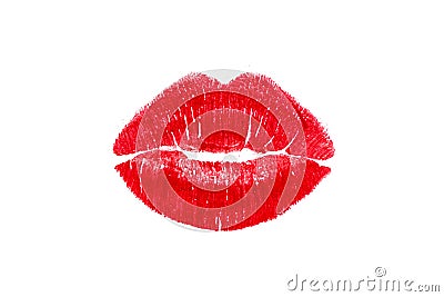 Red lipstick mark beautiful big lips kiss isolated. Stock Photo