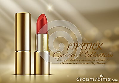 Red lipstick mockup, cosmetic package design, gold backgraund. Vector Illustration