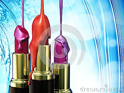 Red lipstick and multi-colored droplet nail polish on blue bokeh background. Stock Photo