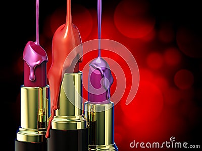 Red lipstick and multi-colored droplet nail polish on red bokeh background. Stock Photo