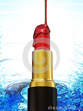 Red lipstick and nail polish on blue water background Stock Photo