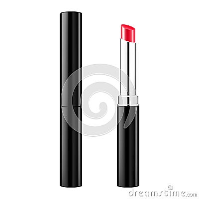 Red Lipstick tube template, Realistic mockup for decorative female cosmetics. 3d realistic packaging, opened and closed with cap. Vector Illustration