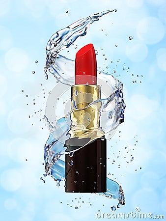 Red lipstick in water splash on blue background Stock Photo