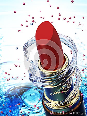 Red lipstick in water splash Stock Photo