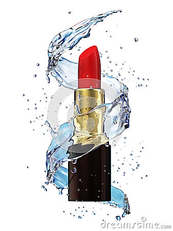 Red lipstick in water splash isolated on white background Stock Photo