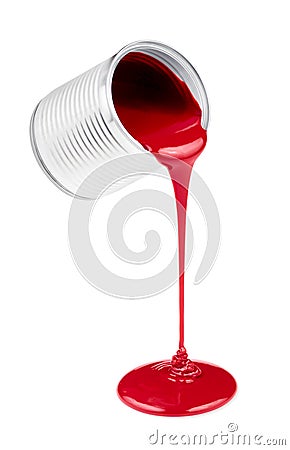 Red liquid paints spouting from can isolated Stock Photo
