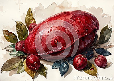 a red liver with some leaves on it, in the style of realistic human figures. generative AI Stock Photo