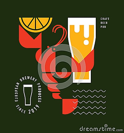 Red lobster or crawfish with glass of beer, craft beer brewery concept, menu pub design, icon, logo template, graphic Vector Illustration