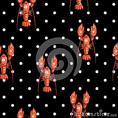RED Lobster seamless pattern. Drawing illustration of lobster v Cartoon Illustration