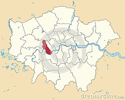 Red location map of the BOROUGH OF HAMMERSMITH AND FULHAM, LONDON Vector Illustration