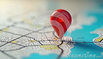 Red location pin marks spot on detailed modern map. Modern map design highlights urban location. Digital map suggests navigation Stock Photo