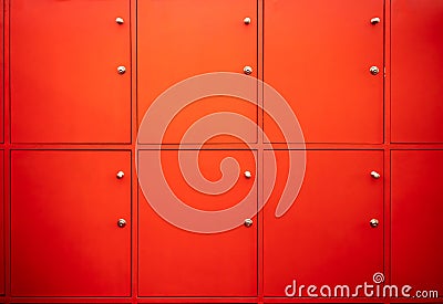 Red locker room with closed doors. Free service in fitness Stock Photo