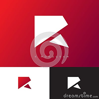 Red logo. R monogram. Red origami letter consist of polygonal figures on dark background. Vector Illustration