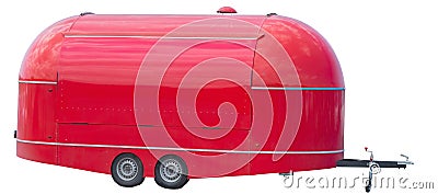 Red long food truck selling fast food Stock Photo