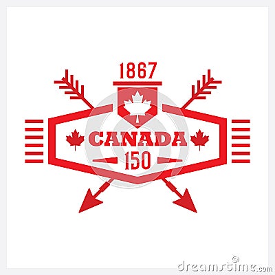 Red long hexagon and crossed arrows Canada 150 emblem icon Vector Illustration