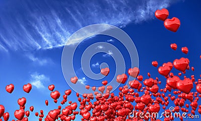 Red love hearts in blue sky Cartoon Illustration