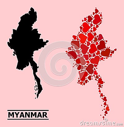 Red Lovely Mosaic Map of Myanmar Cartoon Illustration