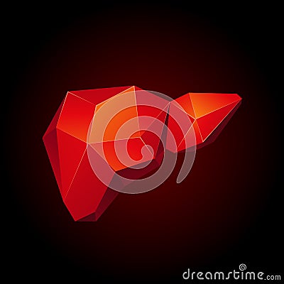 Red low poly human liver on a black background. Abstract anatomy organ. Liver 3D polygon style. Vector Illustration