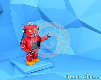 Red low poly robot in pastel blue polygonal background Stock Photo