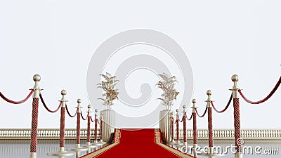 Red luxury carpet with gold barriers isolated on white background Stock Photo
