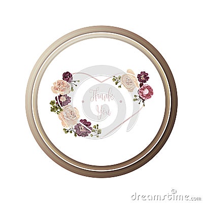 Red luxury floral greeting card with white, green and purple flowers on white background and wooden circle frame Vector Illustration