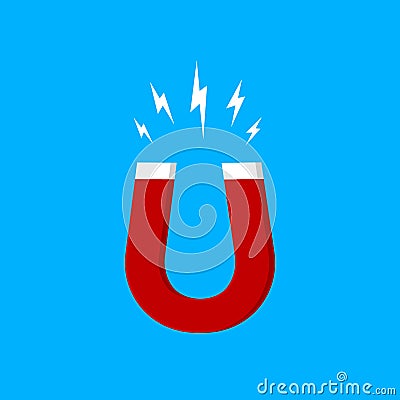 Red magnet icon. Horseshoe magnet in flat style.Shape of magnet with magnetic power symbol. vector Cartoon Illustration
