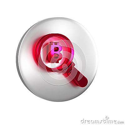 Red Magnifying glass with Bitcoin icon isolated on transparent background. Physical bit coin. Blockchain based secure Stock Photo