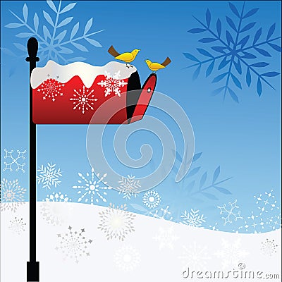 Red Mailbox snow and birds Vector Illustration