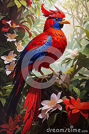 the red majestic ibong adarna bird: Enchanting, mythical bird with magical healing powers Stock Photo