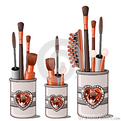 Red makeup brushes, mascara, comb, cotton buds Vector Illustration