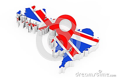 Red Map Pointer Pin over United Kingdom Map with Flag. 3d Rendering Stock Photo
