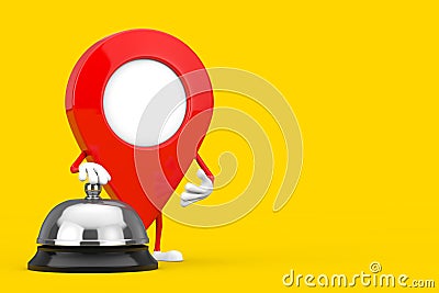 Red Map Pointer Target Pin Character Mascot with Hotel Service Bell Call. 3d Rendering Stock Photo