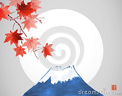 Red maple foliage and Fujiama mountain. Traditional Japanese ink wash painting sumi-e. Hieroglyph - clarity Vector Illustration