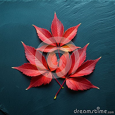 Red maple leaves are arranged in a symmetrical pattern on a textured dark slate surface. Stock Photo