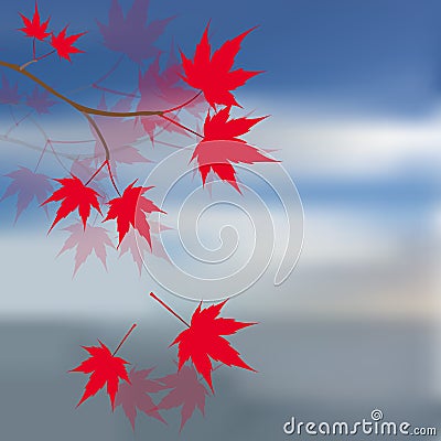 Red maple leaves on the branches. Japanese red maple against the blue sky and sea. Landscape. illustration Vector Illustration