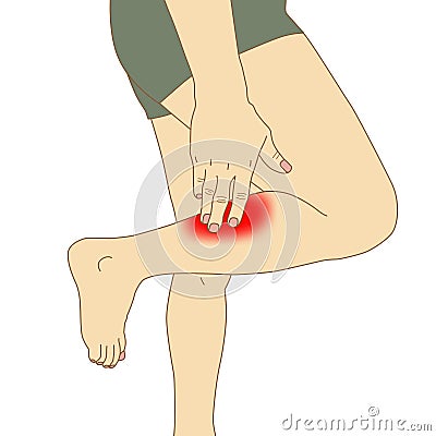 Red marked calf muscle pain of standing man, illustration on white background Cartoon Illustration