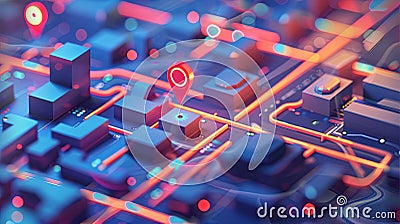 A red marker placed on an isometric GPS tracking map showing navigation and location pin on street maps. Generative AI Stock Photo