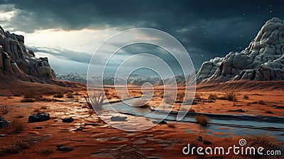 Red Martian desert. Fantastic alien landscape of another planet with mountains, red earth, fantastic sky with moon Cartoon Illustration