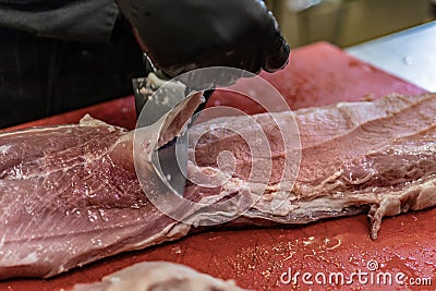 Red meat, chopping, cutting, and filleting premium, fresh, Italian and European Gourmet butchers. Stock Photo