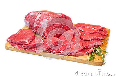 Red meat chunk and steak isolated over wood background Stock Photo